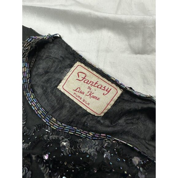 Vtg Fantasy By Lisa Kane Pure Silk Embellished Black Beaded Dress 36” Bust - Picture 15 of 16